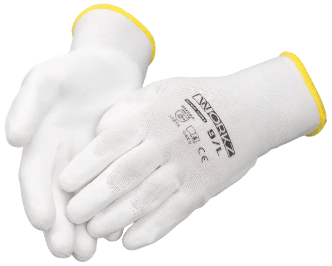 Par hvide arbejdshandsker med gule manchetter, sømløst strikdesign, trykt størrelse og mærke på håndryggen. Velegnet til let industrielt arbejde og generel håndtering.