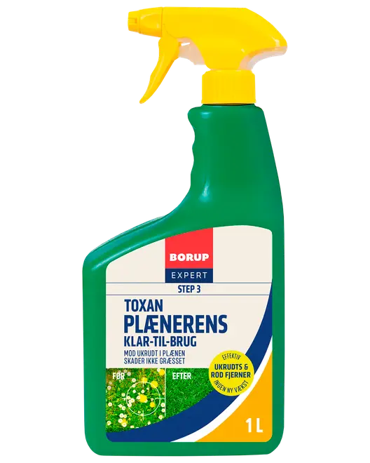 Grøn 1-liters sprayflaske med gul sprayhoved, mærket 'Borup Expert Toxan Plænerens.' Klar-til-brug ukrudtsfjerner til plæner, skader ikke græsset.