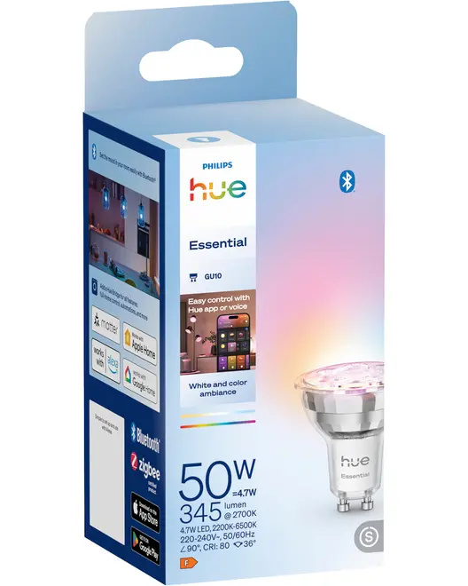 Philips Hue Essential GU10 smart LED-pære, 50W ækvivalent, 345 lumen, hvid og farve, Bluetooth og Zigbee, app- og stemmestyring, energiklasse F.