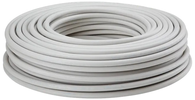 Oprullet hvidt plastslange, fleksibel og glat, velegnet til VVS- eller elinstallationer. Slangen er jævnt viklet og ser robust ud til forskellige formål.