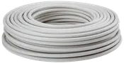 Oprullet hvidt plastslange, fleksibel og glat, velegnet til VVS- eller elinstallationer. Slangen er jævnt viklet og ser robust ud til forskellige formål.