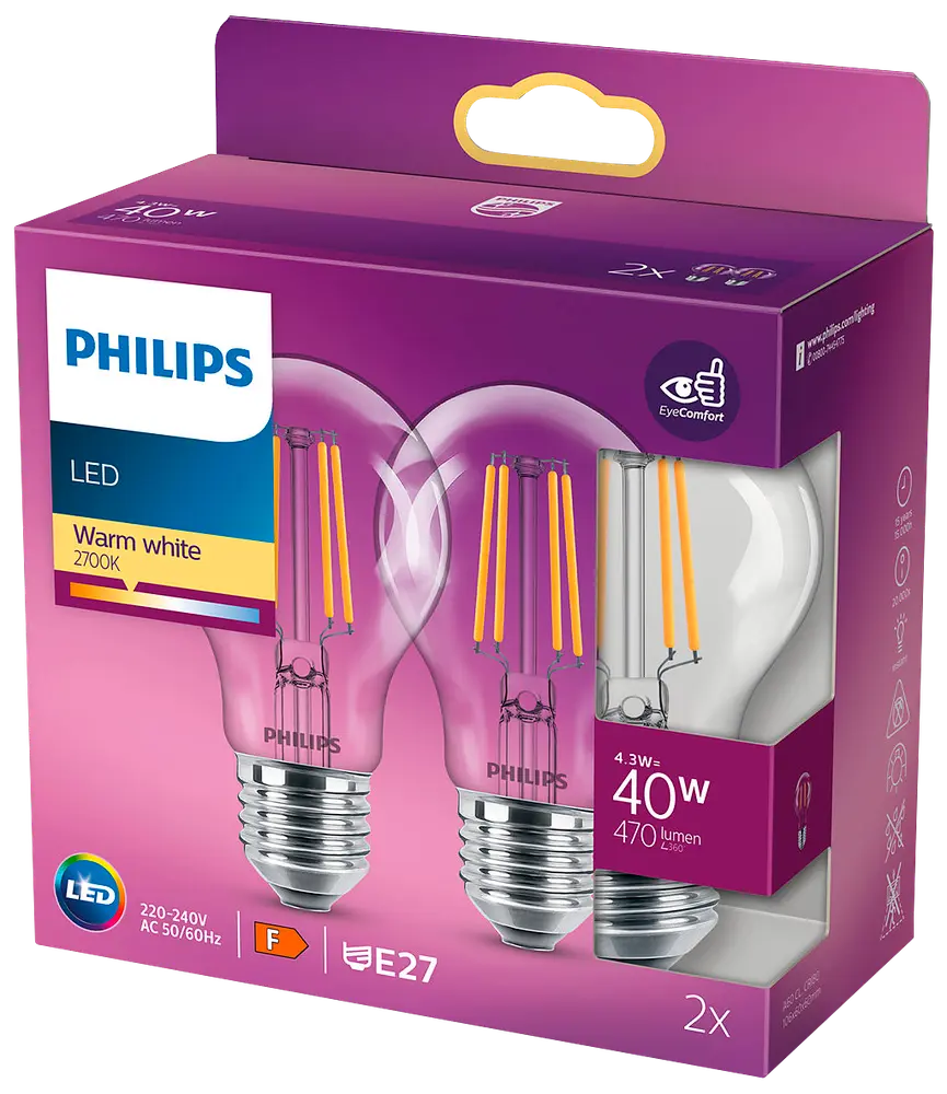 PHILIPS LED normallampa 4,3W E27 2-pack