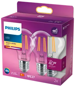 PHILIPS LED-filamentpære  4,3W E27 2-pak