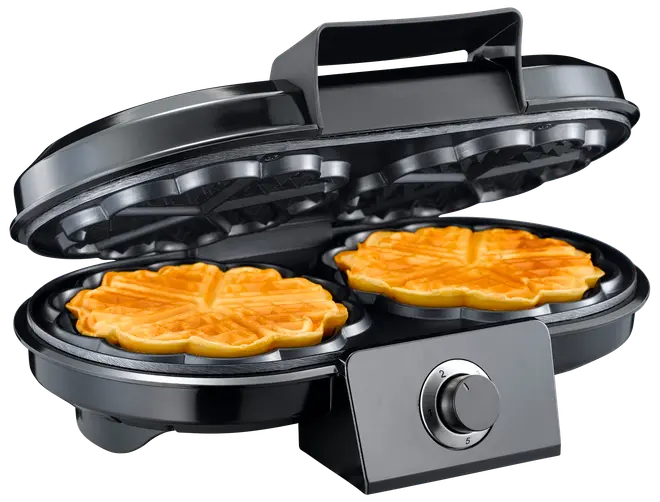 Svart elektriskt våffeljärn med justerbar temperatur, öppet med två gyllene, hjärtformade våfflor. Non-stick-beläggning för enkel rengöring. Kompakt design med robust handtag.