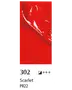 Blank scharlakansröd färgprov märkt 302 Scarlet PR22.