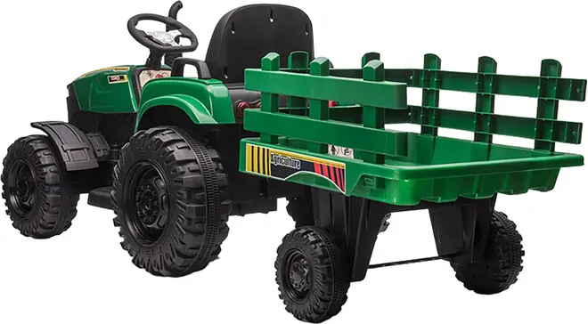 Grøn ride-on legetøjstraktor med rat, sort sæde, store dæk og matchende anhænger med rækværkssider.