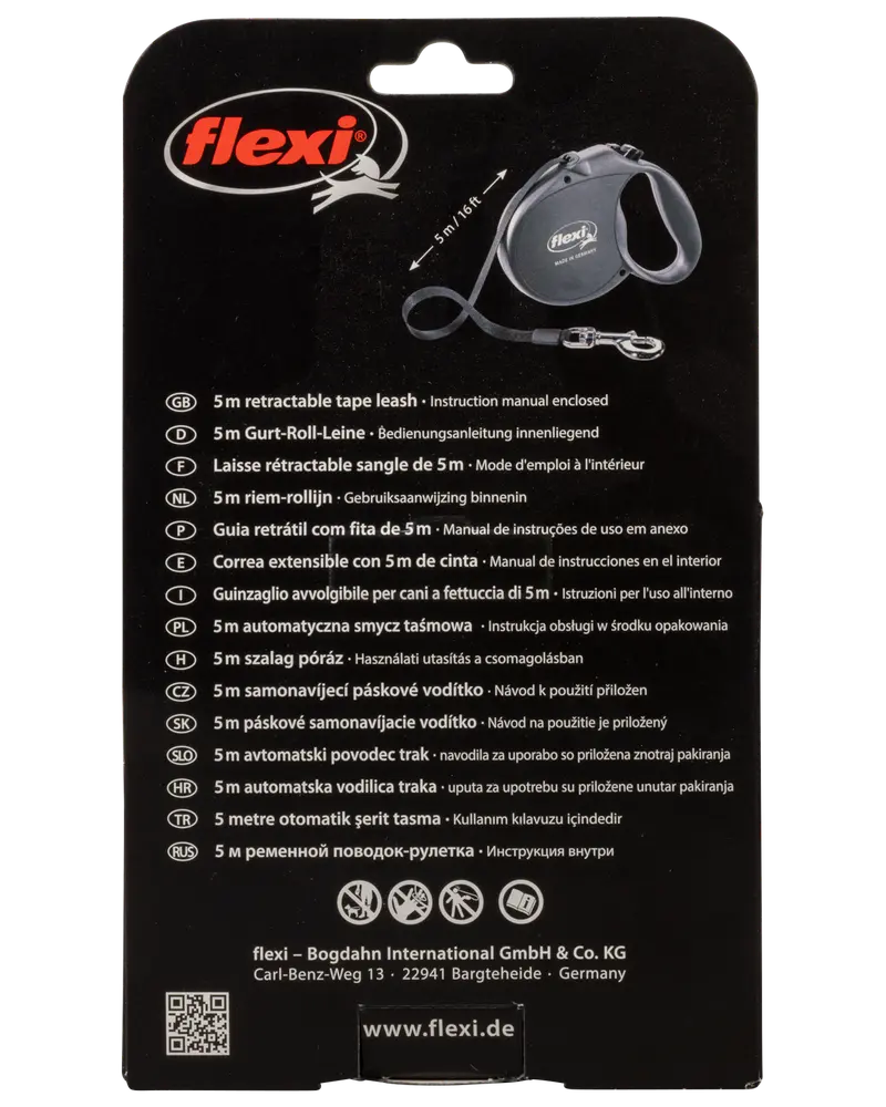 Sort emballage til Flexi 5m udtrækkelig båndline, viser linen med håndtag og metalclips. Produktdetaljer og instruktioner er angivet på flere sprog.