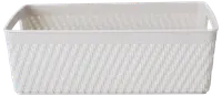 Rektangulär vit plastkorg med flätat mönster på sidorna. Öppen ovansida, passar för förvaring av hushålls- eller kontorsartiklar.