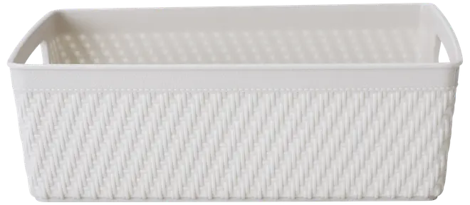 Rektangulär vit plastkorg med flätat mönster på sidorna. Öppen ovansida, passar för förvaring av hushålls- eller kontorsartiklar.