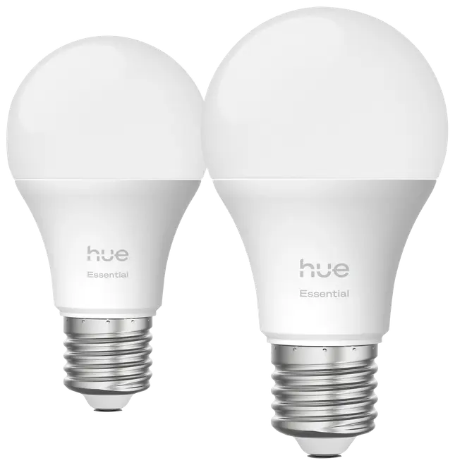 To Philips Hue Essential LED-pærer med mat hvid finish, standard E27 fatning, energieffektiv, egnet til smart hjem-belysning, vist side om side.