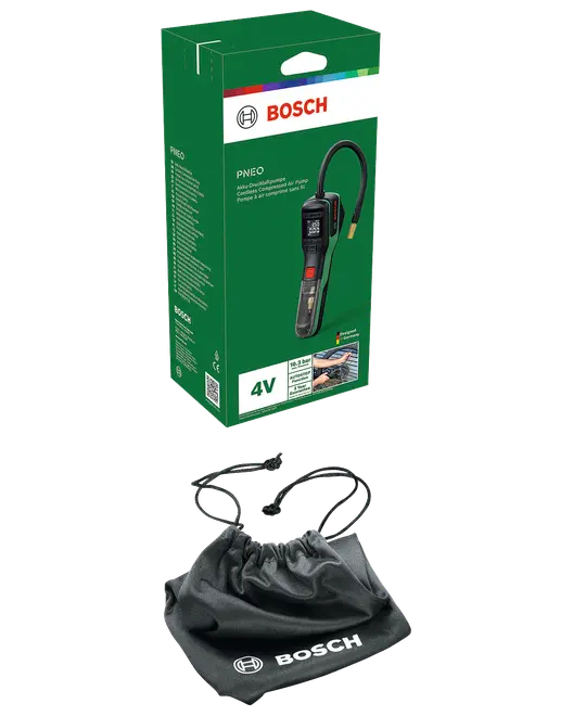 Bosch PNEO 4V trådløs luftpumpe i grøn æske, digitalt display, fleksibel slange og sort opbevaringspose med Bosch-logo.