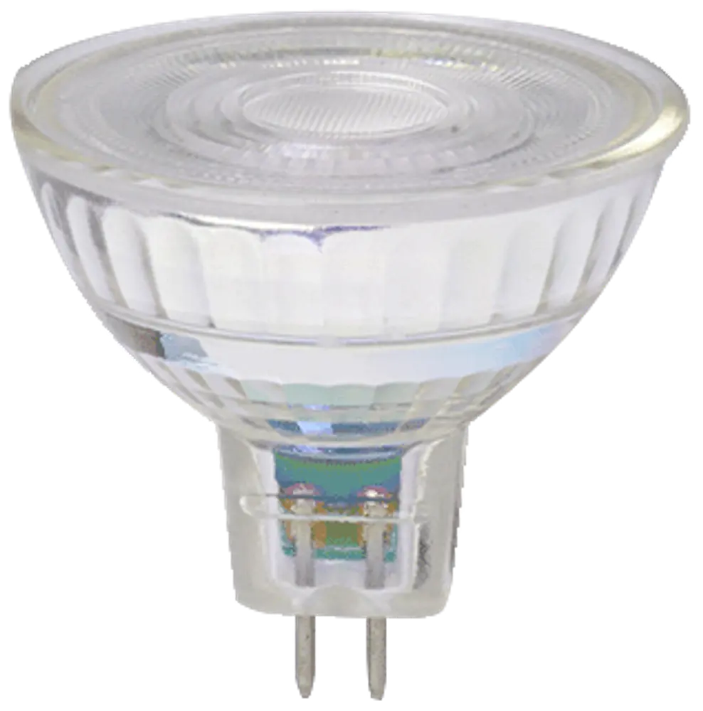 Klar glas LED-spotpære med GU5.3 stiftfatning, konisk form og facetterede sider for fokuseret lys. Velegnet til spot- eller indbygningsarmaturer.