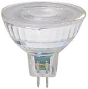 Klar glas LED-spotpære med GU5.3 stiftfatning, konisk form og facetterede sider for fokuseret lys. Velegnet til spot- eller indbygningsarmaturer.