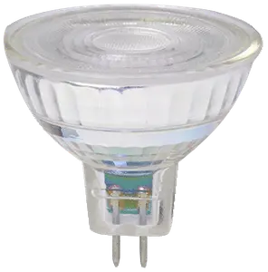 Klar glas LED-spotpære med GU5.3 stiftfatning, konisk form og facetterede sider for fokuseret lys. Velegnet til spot- eller indbygningsarmaturer.