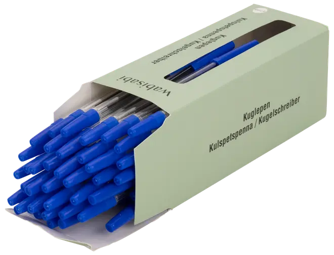 Låda med blå kulspetspennor, genomskinliga kroppar och blå korkar, cirka 50 pennor per låda. Perfekt för kontor eller skola, ger jämn skrift.