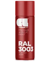 400 ml spraydåse med Cosmoslac premium akrylmaling i RAL 3003 rubinrød. Har blank rød hætte og hvid tekst med produktinformation og farvekode.