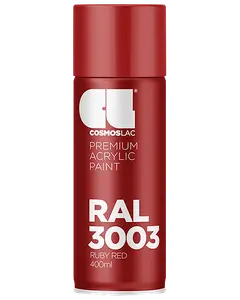 400 ml spraydåse med Cosmoslac premium akrylmaling i RAL 3003 rubinrød. Har blank rød hætte og hvid tekst med produktinformation og farvekode.