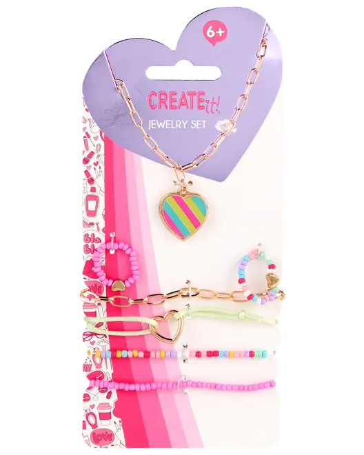 Smykkesæt til børn med farverige perlearmbånd, guldfarvet halskæde med stribet hjertevedhæng og matchende tilbehør. Velegnet til børn fra 6 år.