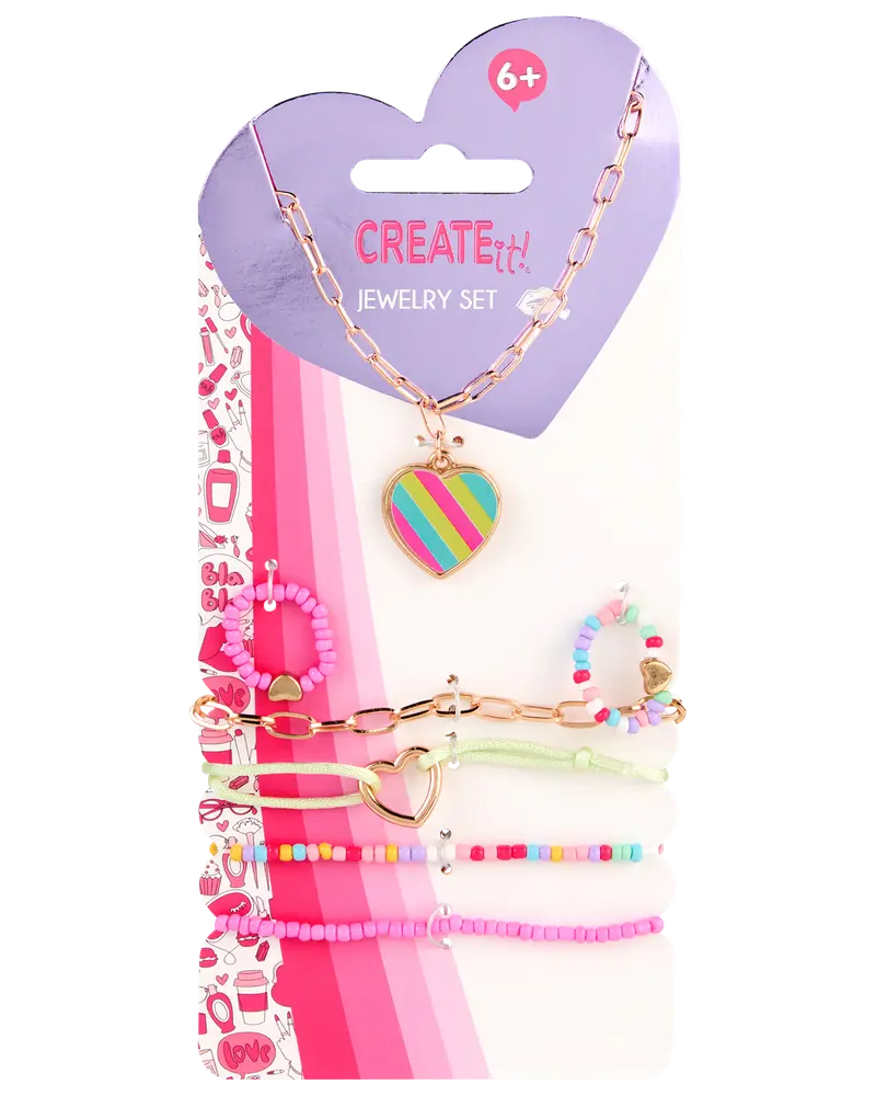 Smykkesæt til børn med farverige perlearmbånd, guldfarvet halskæde med stribet hjertevedhæng og matchende tilbehør. Velegnet til børn fra 6 år.