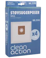 Pakke med Clean Action støvsugerposer til Nilfisk, model NR.2245, indeholder 4 poser og 1 filter. Hvide poser med brun papmontering, passer til udvalgte Nilfisk-modeller.