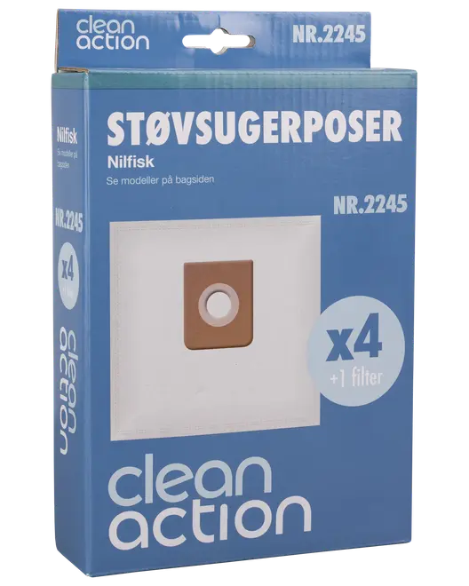 Pakke med Clean Action støvsugerposer til Nilfisk, model NR.2245, indeholder 4 poser og 1 filter. Hvide poser med brun papmontering, passer til udvalgte Nilfisk-modeller.