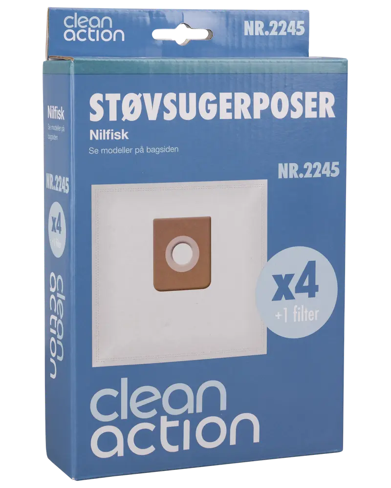 Pakke med Clean Action støvsugerposer til Nilfisk, model NR.2245, indeholder 4 poser og 1 filter. Hvide poser med brun papmontering, passer til udvalgte Nilfisk-modeller.