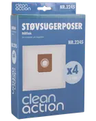Pakke med Clean Action støvsugerposer til Nilfisk, model NR.2245, indeholder 4 poser og 1 filter. Hvide poser med brun papmontering, passer til udvalgte Nilfisk-modeller.