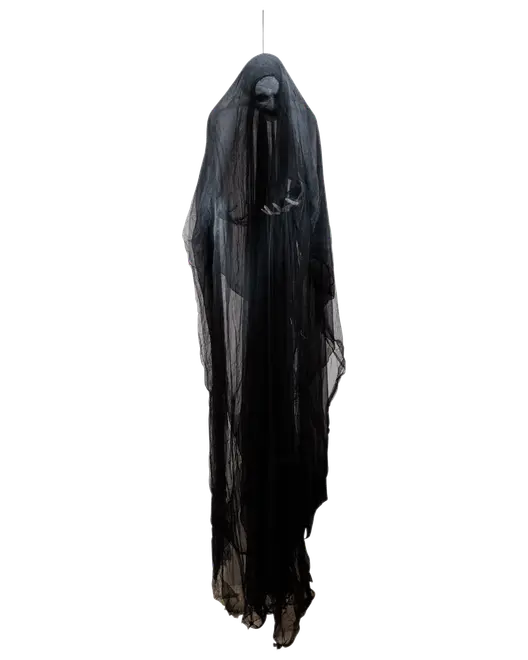 Hängande Halloween-dekoration med spöklik figur, dödskalleansikte, lång svart trasig mantel och utsträckt skelett-hand. Perfekt för kuslig stämning inne eller ute.