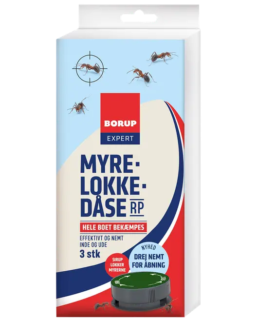 Borup Expert myrelokkedåse, 3 stk. Effektiv bekæmpelse af myrer inde og ude. Nem drejeåbning og sirup tiltrækker myrer. Pakken viser myrer og produktbillede.