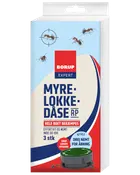 Borup Expert myrelokkedåse, 3 stk. Effektiv bekæmpelse af myrer inde og ude. Nem drejeåbning og sirup tiltrækker myrer. Pakken viser myrer og produktbillede.