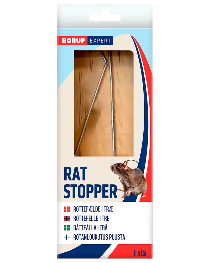 Rottefælde i træ med metalfjeder, pakket i æske mærket 'Rat Stopper.' Indeholder produktbillede, Borup Expert-logo og beskrivelse på flere sprog. Indeholder én fælde.