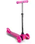 Lyserød trehjulet løbehjul til børn med justerbart sort styr, skridsikker fodplade og bagbremse. To forhjul for stabilitet. Let og nem at styre.