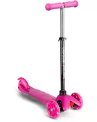 Lyserød trehjulet løbehjul til børn med justerbart sort styr, skridsikker fodplade og bagbremse. To forhjul for stabilitet. Let og nem at styre.