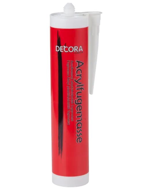 Rød tube Decora akrylfugemasse med hvid dyse, velegnet til tætning af samlinger og revner. Passer til fugepistol. Indeholder cirka 300 ml.