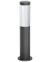 Høj cylindrisk udendørs pullertlampe med mørkegrå bund og hvid top.