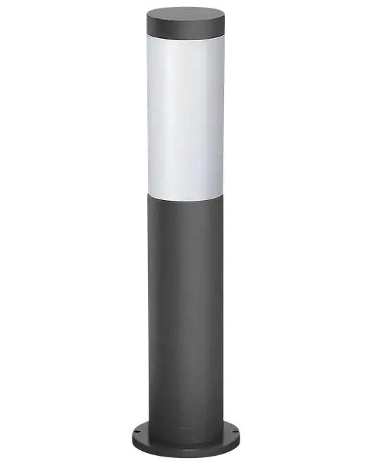 Høj cylindrisk udendørs pullertlampe med mørkegrå bund og hvid top.