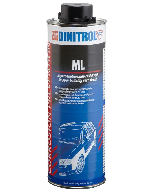 Dinitrol ML rustbeskyttelsesspray, 1 liter. Til biler, forhindrer og stopper eksisterende rust. Sort og blå etiket med bilillustration og produktinformation.