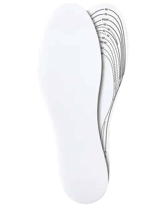 Hvide skumindlægssåler med trykte størrelseslinjer, der kan klippes til ønsket skostørrelse. Giver ekstra komfort og kan tilpasses forskellige sko.