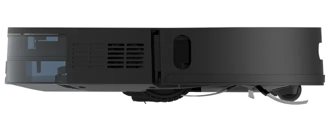 Slank, sort robotstøvsuger med sidebørster, hjul og gennemsigtigt støvbeholderrum, designet til automatisk gulvrengøring på forskellige overflader.