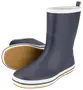 Mørkeblå gummistøvler med hvid kant, mellemhøje, slip-on, rillet lysebrun sål for godt greb, strop bagpå, vandtæt til våde forhold.