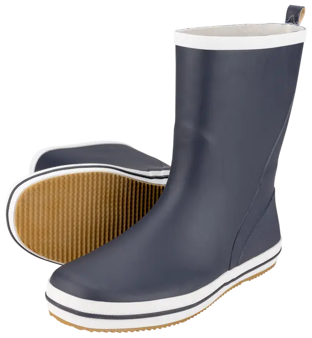 Mørkeblå gummistøvler med hvid kant, mellemhøje, slip-on, rillet lysebrun sål for godt greb, strop bagpå, vandtæt til våde forhold.
