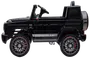 Sort elbil-legetøjs-SUV med åbent tag, reservehjul, Mercedes-lignende front, store robuste hjul med røde detaljer og detaljeret offroad-karrosseri.