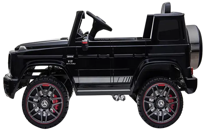 Sort elbil-legetøjs-SUV med åbent tag, reservehjul, Mercedes-lignende front, store robuste hjul med røde detaljer og detaljeret offroad-karrosseri.