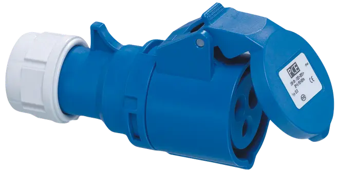 Blå industriell elkontakt med tre runda uttag, skyddande gångjärnslock och vit skruvanslutning. Passar för kraftiga elektriska anslutningar i industri eller kommersiella miljöer.