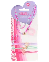 Smykkesæt til børn med farverige perlehalskæder, to ringe og tre justerbare armbånd med hjerte- og stjernevedhæng. Passer til børn fra 6 år. Livlige farver.