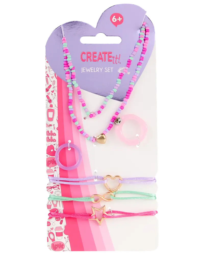 Smykkesæt til børn med farverige perlehalskæder, to ringe og tre justerbare armbånd med hjerte- og stjernevedhæng. Passer til børn fra 6 år. Livlige farver.