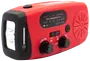 Rød nødradio med lommelygte, drejeknapper til tuning og volumen, AM/FM-skifter, SOS-knap, indbygget højttaler og frekvensdisplay. Kompakt design til udendørs eller nødsituationer.