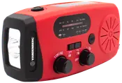 Rød nødradio med lommelygte, drejeknapper til tuning og volumen, AM/FM-skifter, SOS-knap, indbygget højttaler og frekvensdisplay. Kompakt design til udendørs eller nødsituationer.