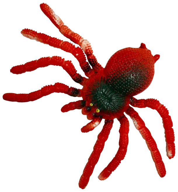 Röd gummispindel med texturerad kropp, åtta böjliga ben och små gula ögon. Passar för lek, dekoration eller Halloween. Hållbar och lätt att rengöra.