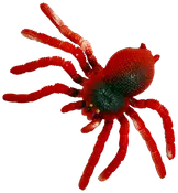 Rød gummi-edderkop legetøj med tekstureret krop, otte fleksible ben og små gule øjne. Perfekt til leg, dekoration eller Halloween. Holdbar og nem at rengøre.